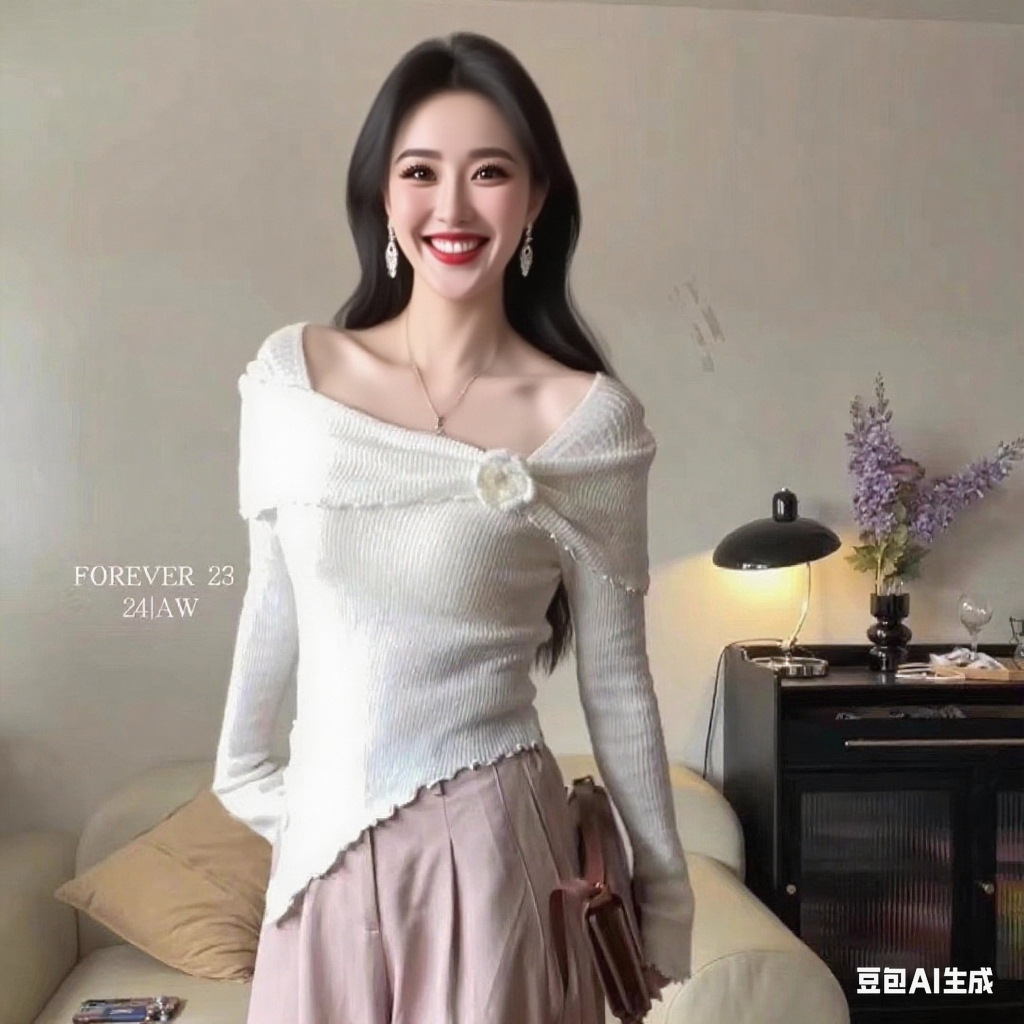 法式立体装饰花朵一字肩针织衫女早秋修身显瘦毛衣内搭打底上衣