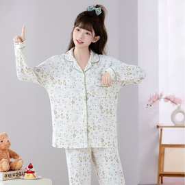 长袖睡衣女士厂家直销爆款网红款春秋季开衫翻领印花家居服套装