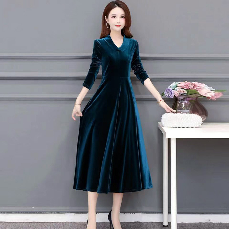 2025 Velvet Stylish Dress for Spring, Autumn, and Winter, Long Skirt for Mothers, Tummy-Covering, Elegant, Thickened, Over-The-Knee, Wholesale