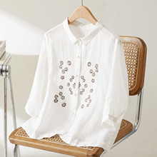 棉茧 韩版苎麻衬衫女2025夏宽松七分袖森系小衫显瘦百搭刺绣衬衣