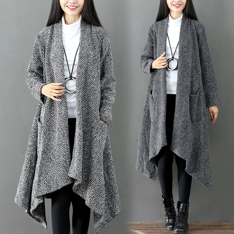 Осенне-зимний художественный свободный шерстяной плащ в стиле ретро, элегантный асимметричный Тренч средней длины