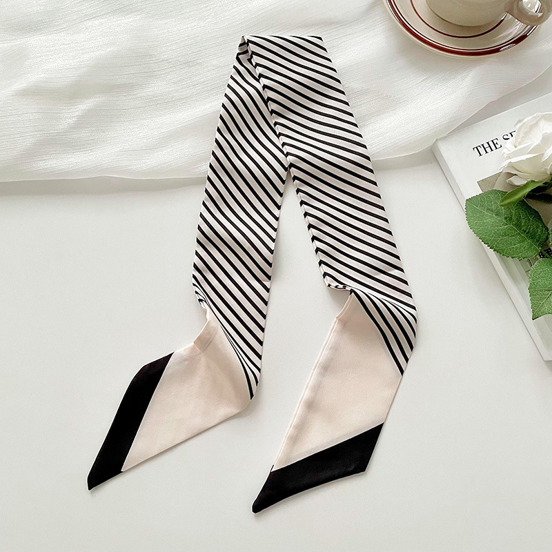 Pañuelo de seda pequeño delgado y largo para mujer, primavera y verano, versión coreana de todo fósforo, rayas negras, bolsa de atar para el cabello, bufanda decorativa, cinta para el cabello, serpentina