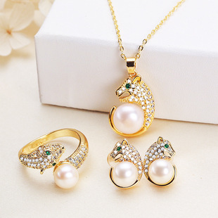 Jewelry Wholesale Pearl Set Pendant Ring Antlers Style Freshwater Pearl Earrings Ring Necklace Three-Piece Set for Women