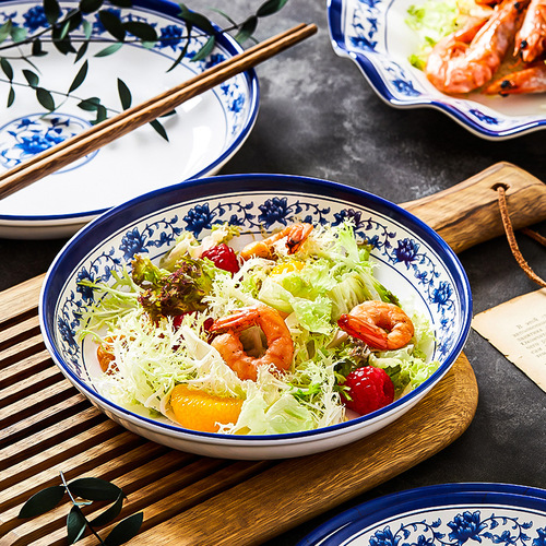 Melamine blue and white round deep plate shallow plate hotel restaurant commercial imitation porcelain plastic plate cooking plate lotus plate