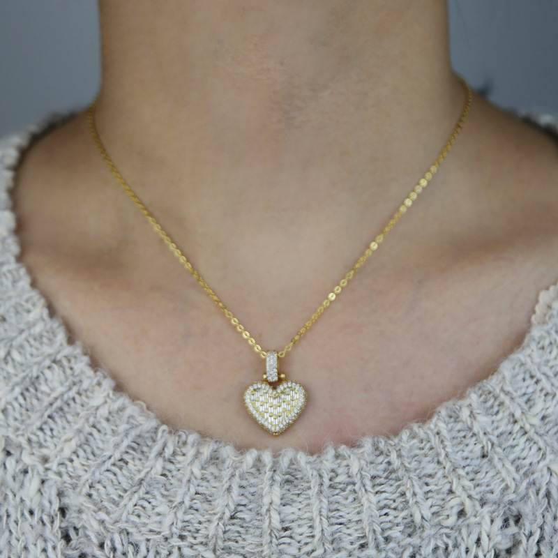 Copper Material Hip-hop Heart Shape Copper Inlay Zircon Pendant Necklace