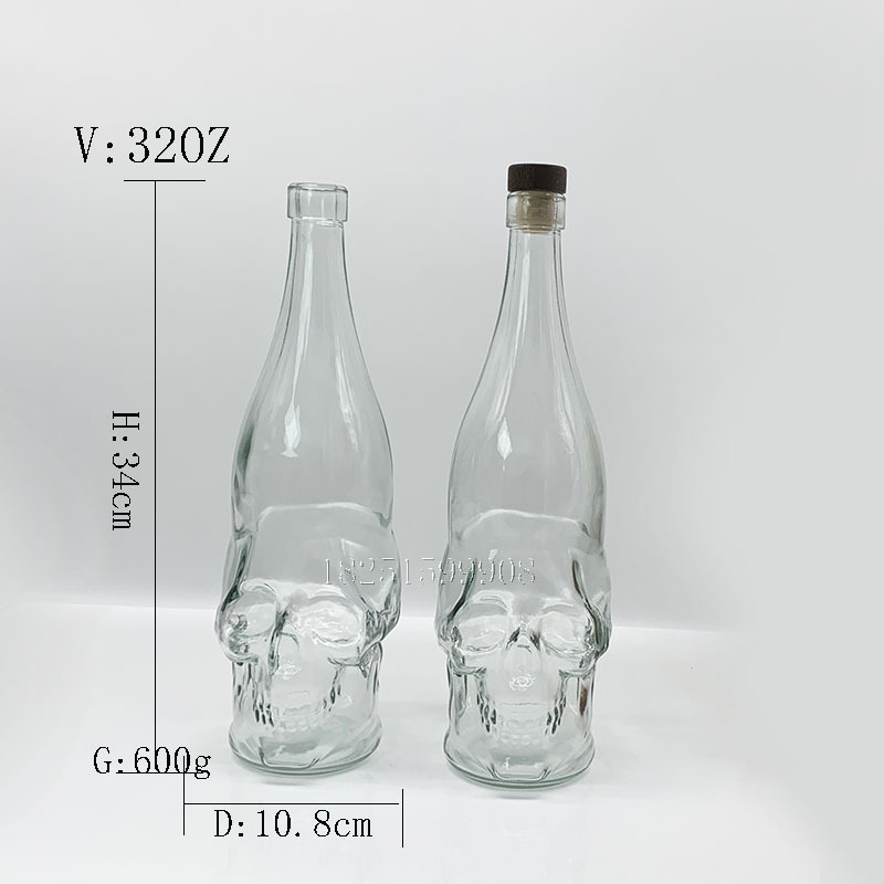 32OZ骷髅头玻璃酒瓶洋酒瓶冰酒瓶伏特加白酒瓶透明空密封罐带木塞