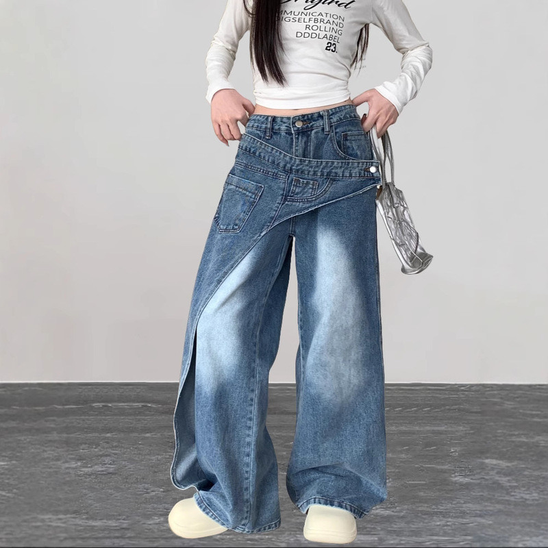American Vintage Y2K Misplaced Stitching Washed Blue Women's Jeans Loose Wide Leg Trousers Women Jeans