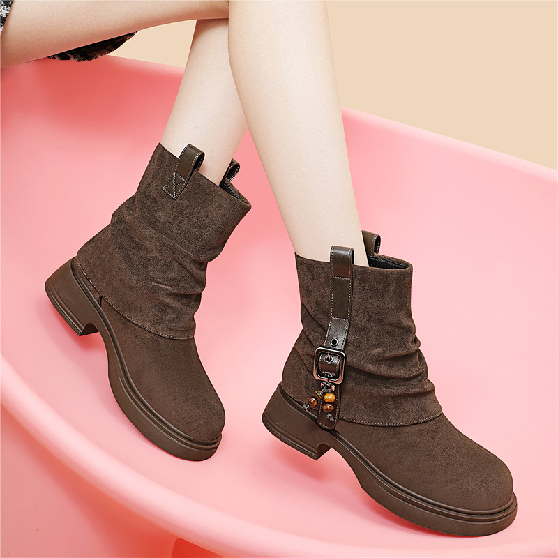 Cotton-padded Shoes With Fleece, 2025 New Autumn And Winter Maillard Tassel Short Boots, Retro Mid-calf Martin Boots, Stacked Knight Boots_vogvips.com