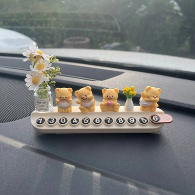 Cute Bear Car Temporary Parking Number Plate, Moving Car Phone Plate, Creative and Personalized Cute Interior Accessories for the Car (Nömrəli dayanma kartı) - 4-little-yellow-bears-little-white-daisies-sunflowers-off-white-aromatherapy-license-plate