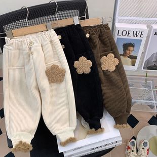 Girls' Corduroy Cotton Pants New fleece-lined Thickened Winter Children's Casual Warm Pants for Winter Wear
