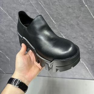 Niche Round Head Thick-soled Shoes Platform Bottom Cowhide Loafers ~ Spring New Stitching Slip-on High-heeled Leather Shoes