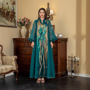 Sw008 Middle East Cross-Border Muslim V Neck Long-Sleeved Women's Robe Fashionable Ostrich Feather Sequin Dress Abaya