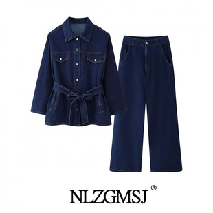 2025 spring new women's European and American style lapel long sleeve lace-up Denim coat casual trousers