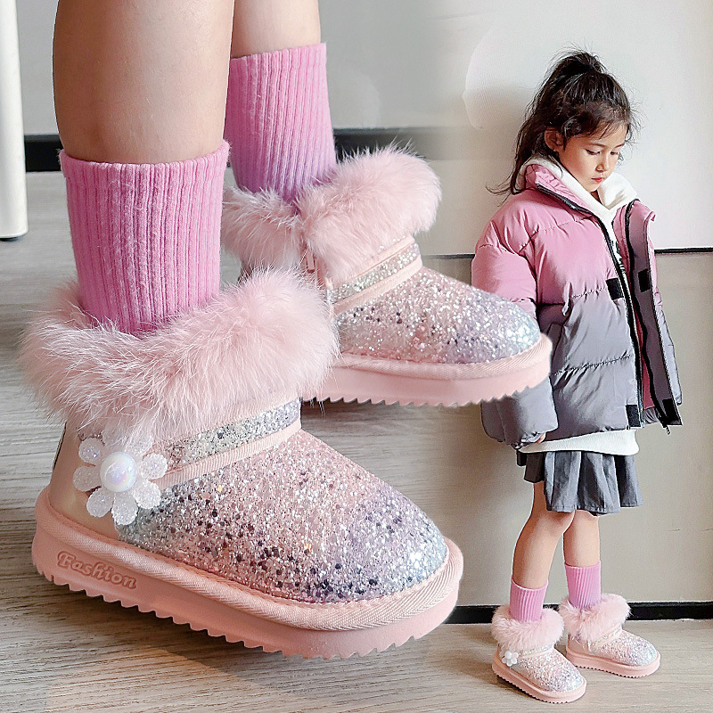 Botas de nieve de niñas 2025 invierno nuevo zapatos de algodón para niños chicas de moda botas cortas de lentejas con botas de algodón gruesas