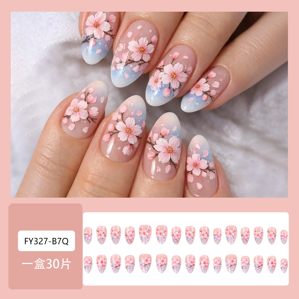Japón 3D flor de cerezo estereoscópica desgaste de uñas verano hielo transparente azul rosa manicure comercio exterior 30 piezas blanqueamiento manicure falsas lotes mixtos image 3