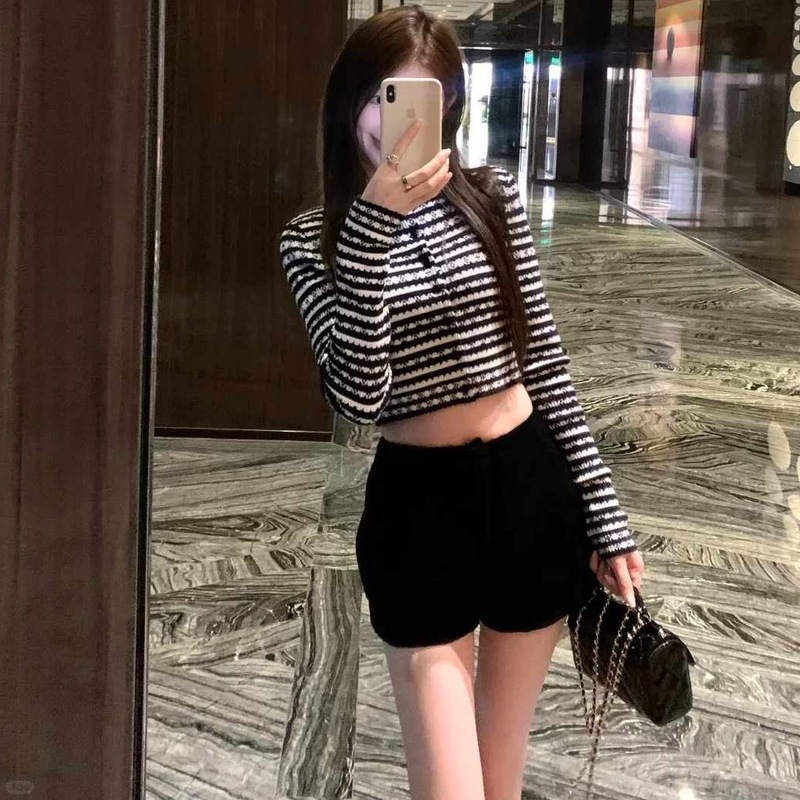 黑白撞色条纹长袖针织开衫外套女2025早秋新款辣妹修身短款上衣潮|undefined