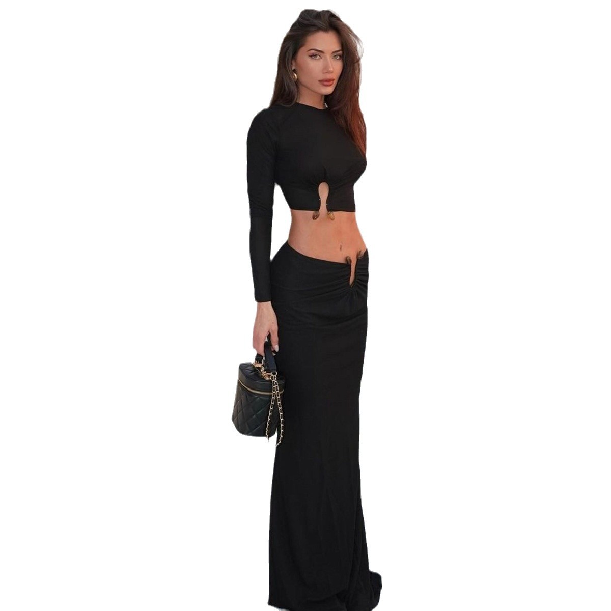 2024 Autumn Winter European And American Hot-Selling Women's Fashion New Fashionable Crop Top Long Sleeve Slim Fit Skirt_ecoleips.com