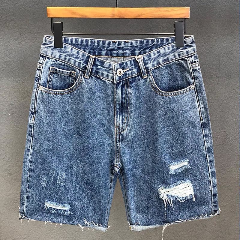 Summer Denim Shorts For Men Trendy High End Retro Casual Distressed Wash Slim Fit Five Point_mkmklike.com