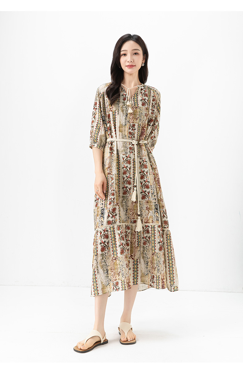 Đầm maxi nữ thắt eo bohemian in hoa kỳ lạ tay ngắn rộng che thịt — Màu cà phê chi tiết 25