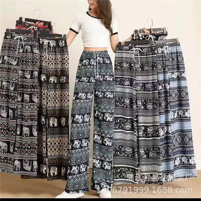 Летняя новая женская искусственная хлопчатобумажная пряжа с принтом прямых брюк повседневная мама брюки эластические широкие ножки для ношения снаружи