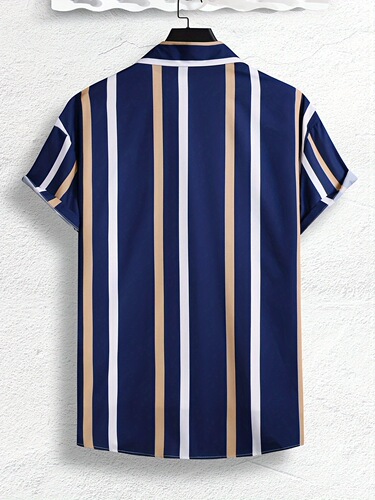 Short Sleeve men's Stripe Graphic Print Shirt Casual Lapel