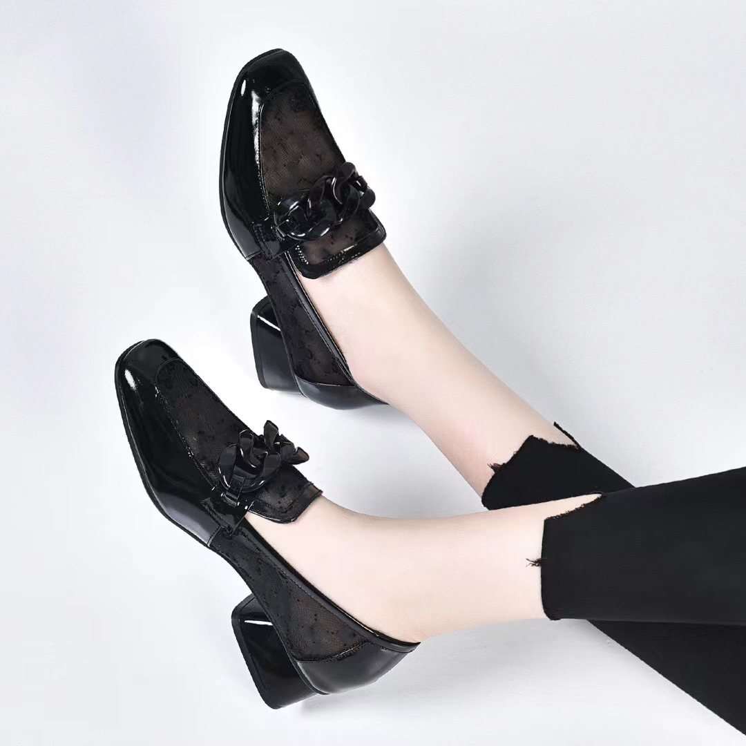 Giày Loafer Nữ Da Thật Đầu Vuông Gót Chunky 3 cm — Lưới đen (gót 3CM) chi tiết 6