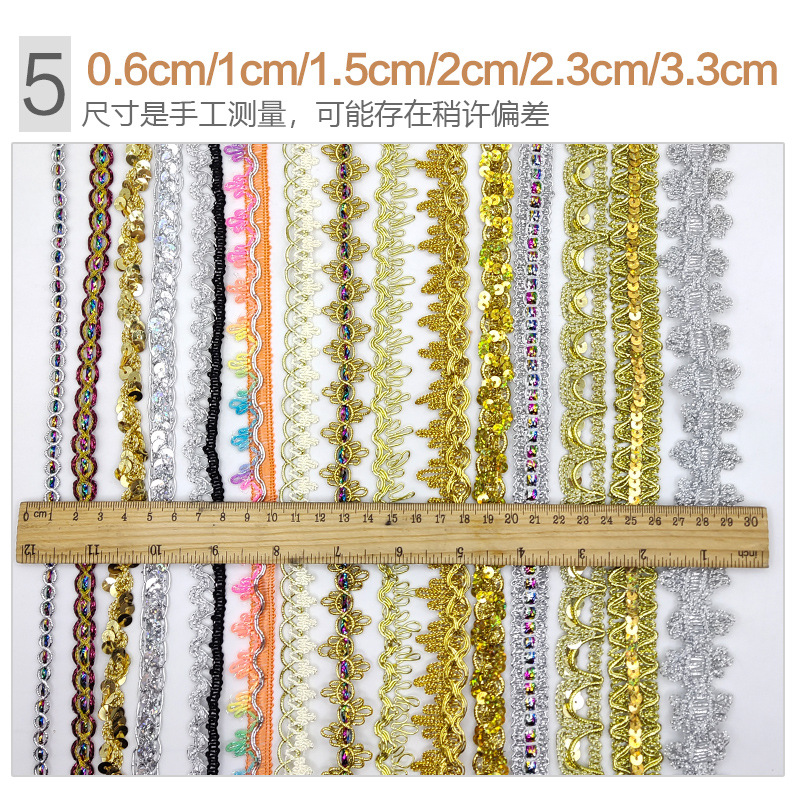 Colorido encaje de oro y plata perlas de triángulo de seda al por mayor de oro y plata cebolla diente borde DIY rendimiento accesorios de ropa estilo étnico cinta