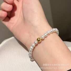 天然高品质淡水珍珠5-6mm近圆微微瑕14k注金波波球磁铁扣素手链