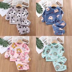 Flannel Pajamas Autumn and Winter Big Boy Baby Split fleece-lined Thickened Winter Children's Coral Fleece Home Clothes