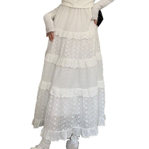 Lace cake dress for women 2025 high-waisted slimming waist-cinching mini skirt for petite figures white early autumn long dress A-line