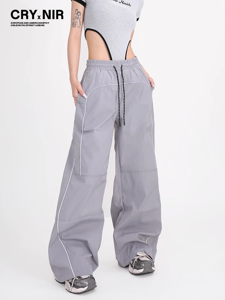 Pantalones deportivos casuales de pierna ancha americana 2025 nuevos pantalones de trapeador sueltos con cordón retro
