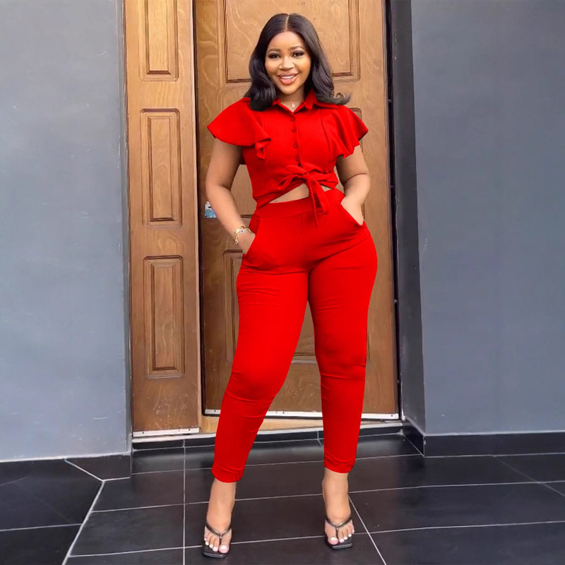 YZ1375 Women's Two-Piece Leverage Ruffled Sleeve Single-breasted Lace-Up Waist Loose Pocket Trousers Two-Piece Set