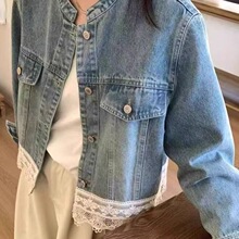 2025早春新款港风复古水洗小立领蕾丝拼接宽松休闲牛仔外套女短款