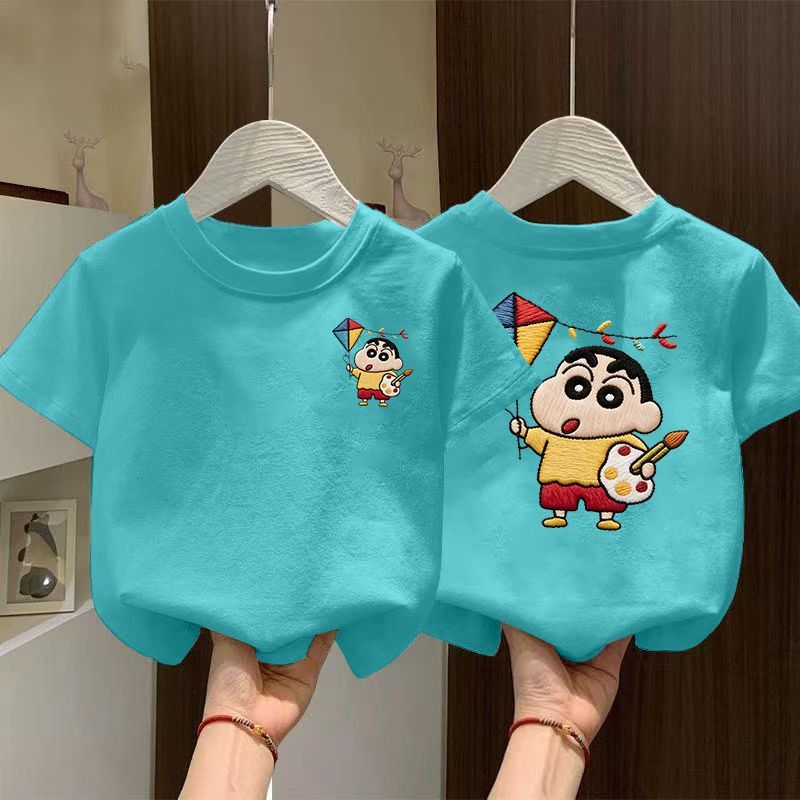 Crayon Shin-chan Imitation Embroidery Print 100% Cotton Summer New Style Boys' Round Neck Short Sleeve T-Shirt for Toddlers