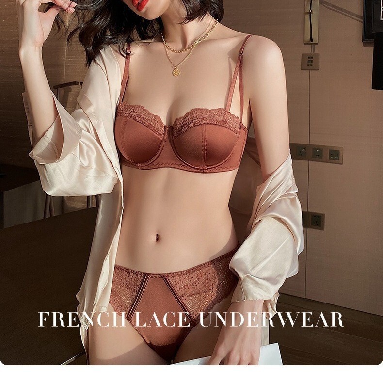 French Style Lace Underwear Women's Thin Satin Large Chest Small Sexy Bra Collar Accessory Breast Top Bra Set Bra