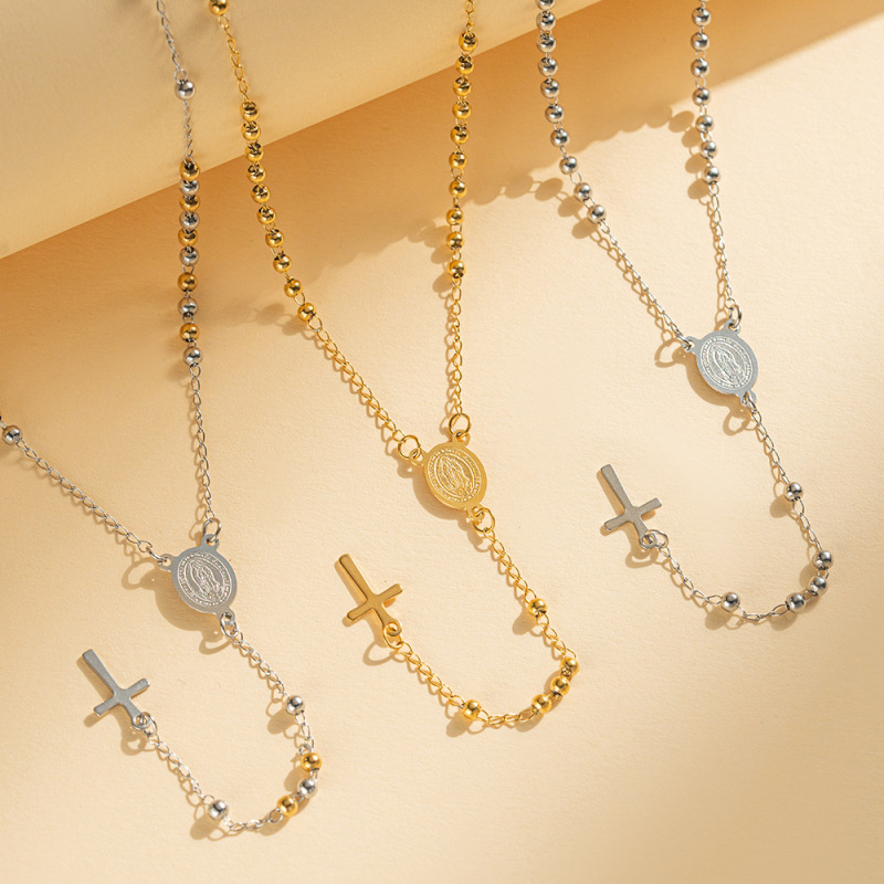 Hot-Selling Cross-Border Popular Round Bead Necklace Pendant Titanium Steel Virgin Mary Cross Stainless Steel 3mm Buddhist Beads Light Luxury