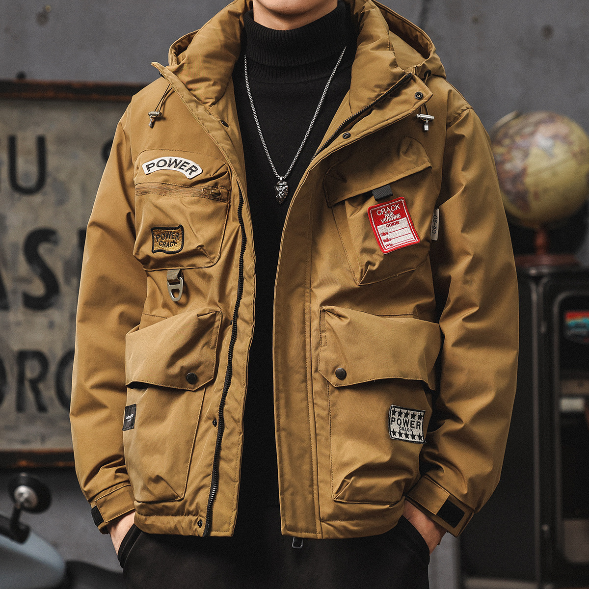 Three-in-One Workwear Men's Winter Functional Hooded Multi-Pocket Thickened Down Jacket Men's Maillard Jacket