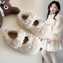 儿童韩版毛毛鞋2025冬季新款女童蝴蝶结保暖公主鞋软底保暖豆豆鞋