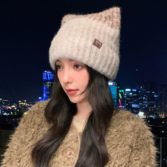 韩版可爱猫耳帽子女冬季针织毛线帽加厚保暖帽显脸小大头围护耳帽