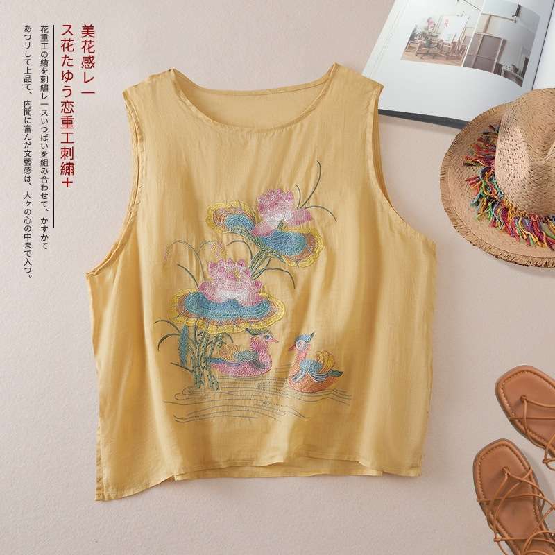 2026 Retro Embroidered Cotton and Linen Round-Neck Sleeveless New Chinese Style Vest Top, Loose Fit, Slimming, Versatile, Fashionable