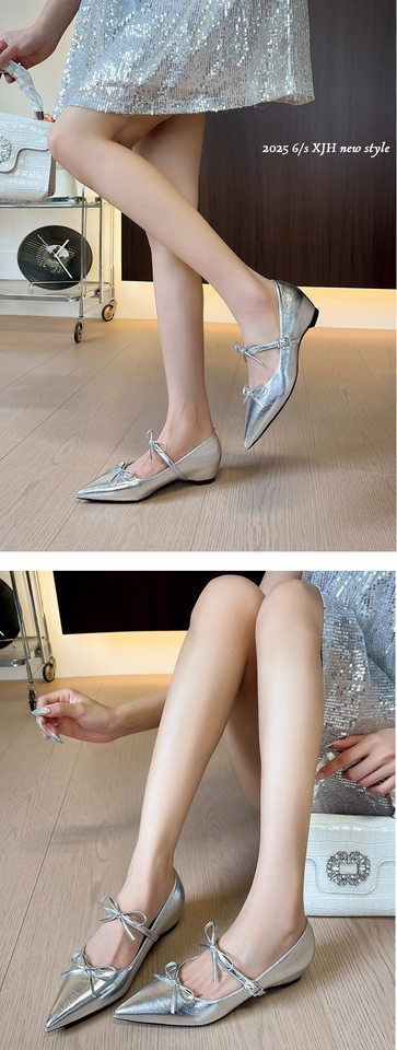 Giày cao gót nữ mũi nhọn quai ngang thắt nơ, đế xuồng gót thấp, da mềm miệng nông — Màu bạc, Màu trắng be, Màu đen chi tiết 9