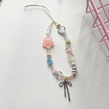 藕粉星星银蝴蝶结吊坠手机链diy串珠挂链ccd相机挂饰咕卡咕本链女