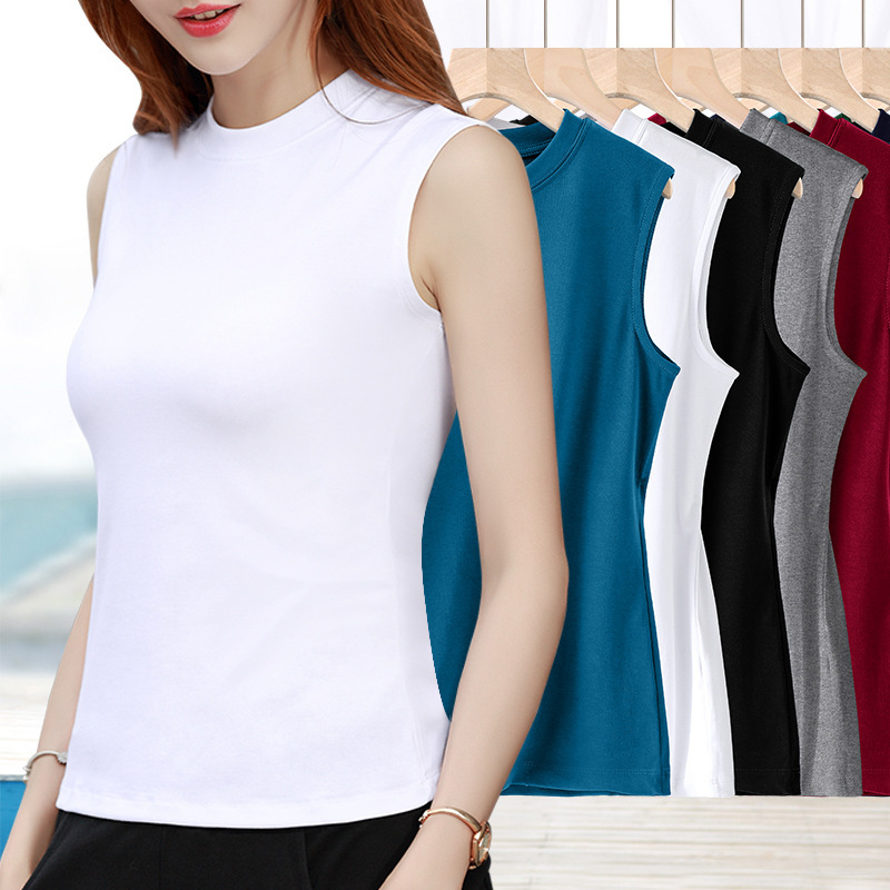 Small Medium Round Stand Half High Neck Inner Base Shirt Threaded Cotton Wide Waistband Sleeveless T-shirt Women's Summer Outer Wear Vest