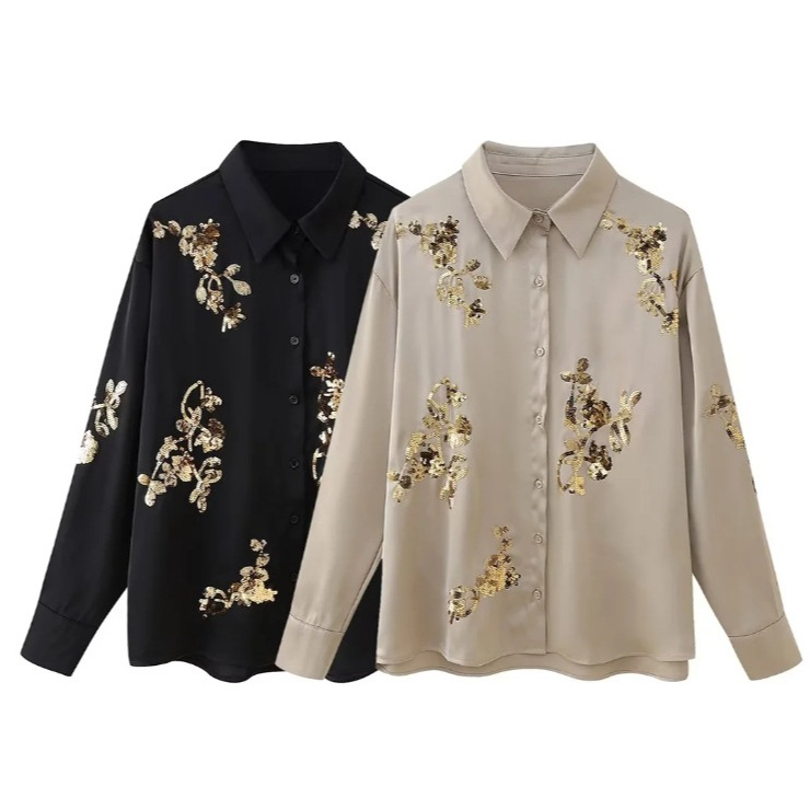 Dammekleeder Langärmlech Hemd an Hosen mat gestickte Pailletten_voghion.com