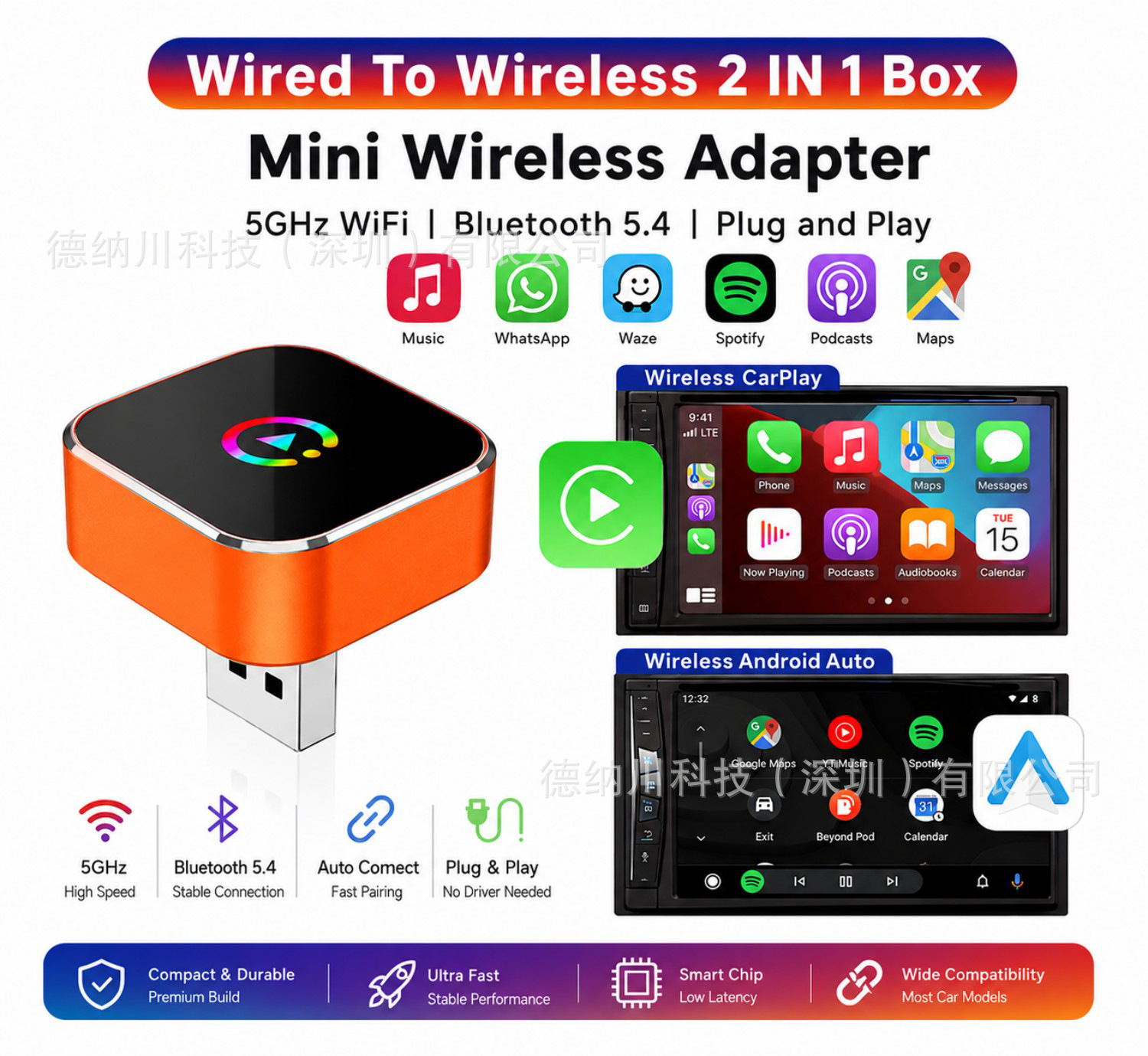 Cross-Border Hot-Selling Wired-To-Wireless Carplay Android Auto Adapter Two-In-One Car Smart Connectivity Box