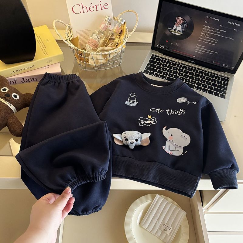 儿童两种色立体玩偶长袖套装潮童时髦运动服俩件装男女童圆领百搭|undefined