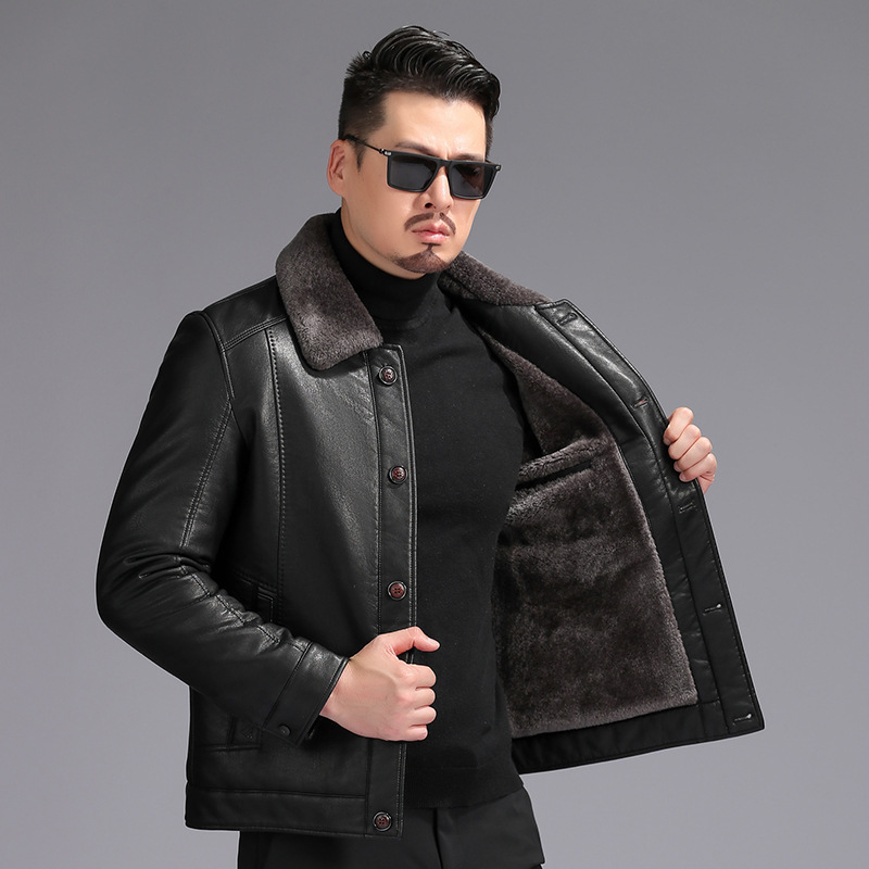 New Winter Fur All-In-One Men's Velvet Business Warm Daddy's Lamb Wool Outwear Thickeneded Leather Jacket