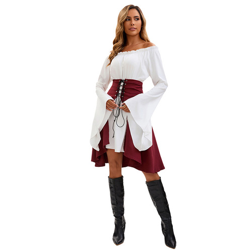 Halloween European and Medieval Renaissance Long Sleeve Bodice Corset Top Pirate Shirt Women Stage Performance Costume