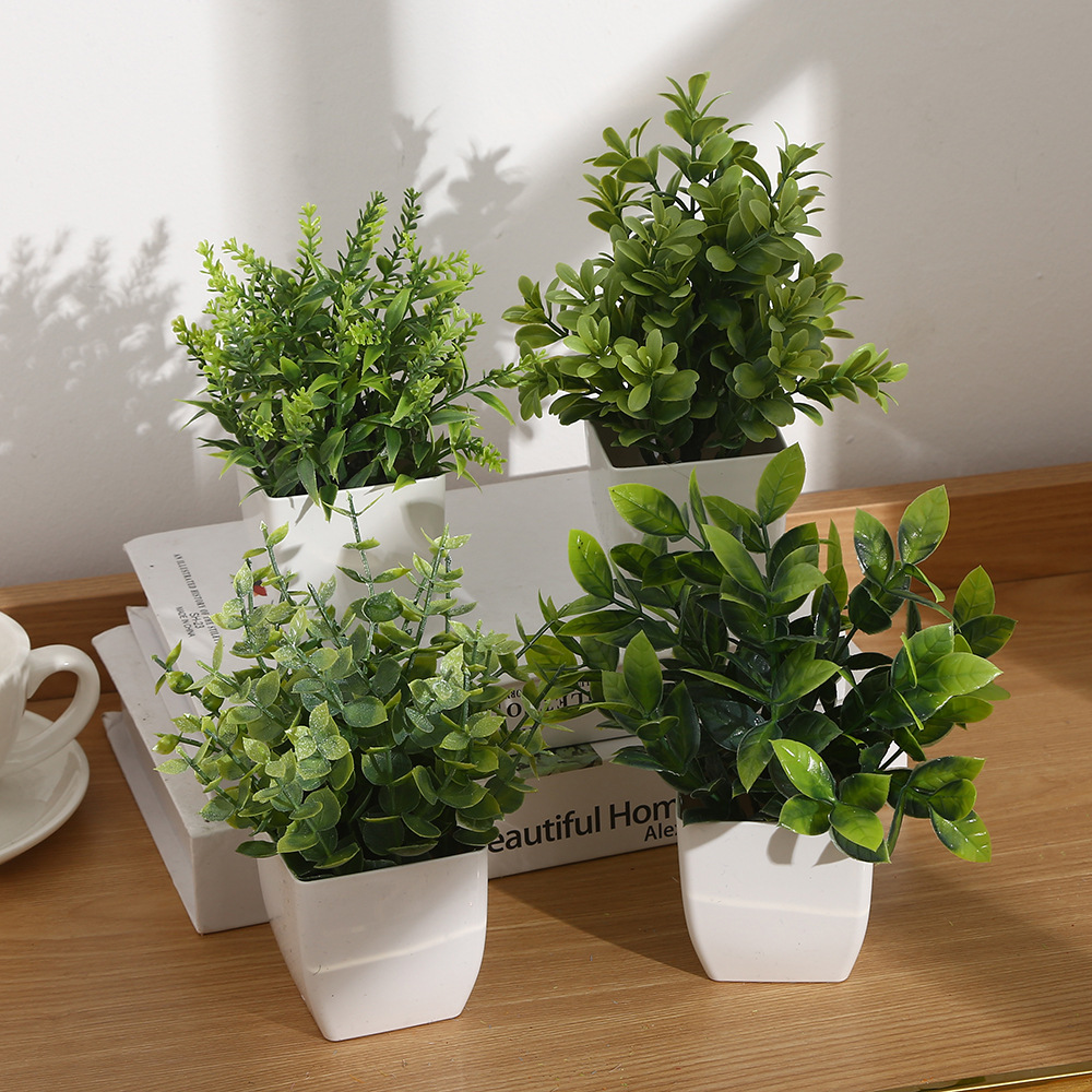 仿真尤加利植物水草盆栽 迷你小四方绿叶植物批发带盆多肉塑料盆
