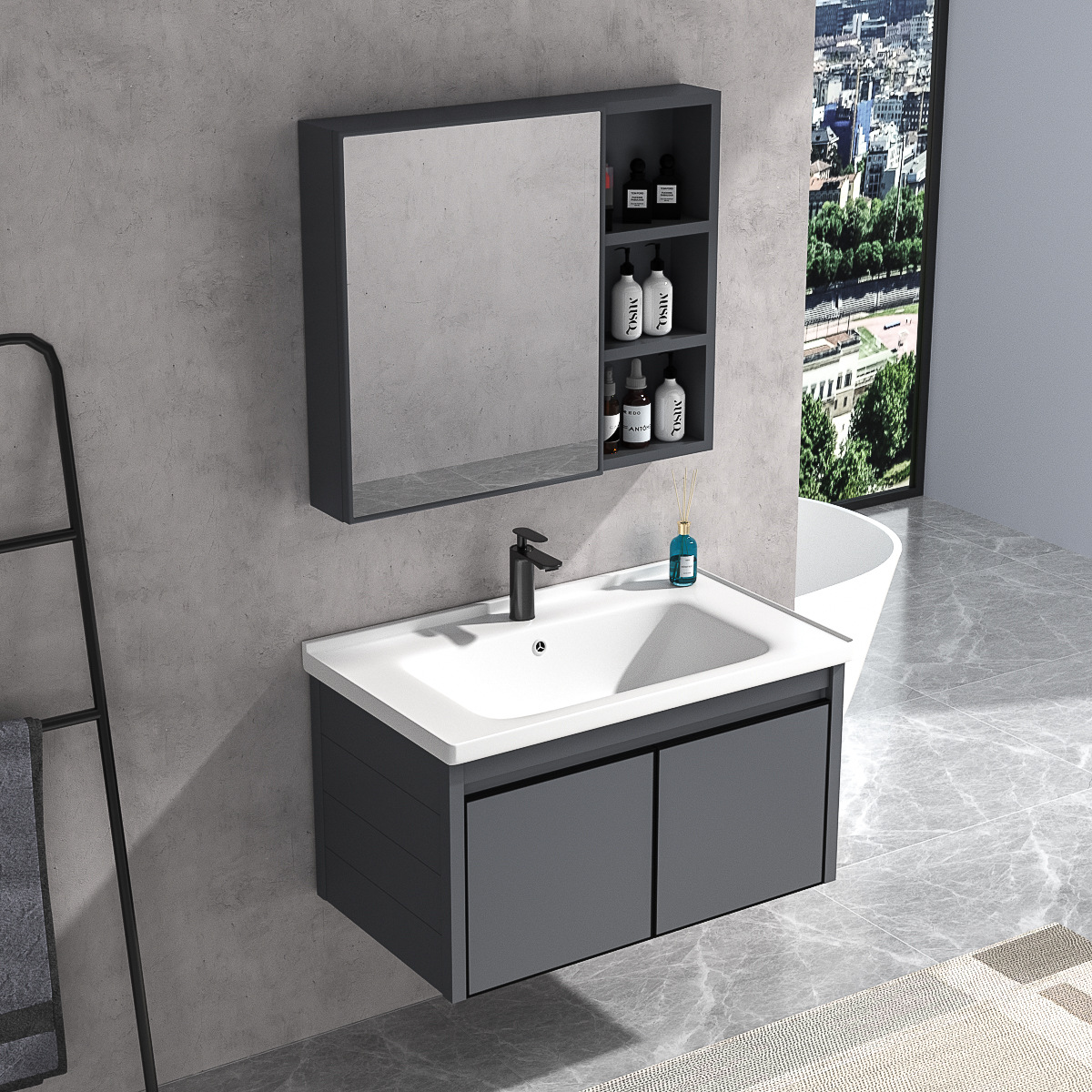 Engrosado espacio de aluminio baño gabinete combinación inodoro de cerámica cuenca integrada mesa de lavado lavabo gabinete